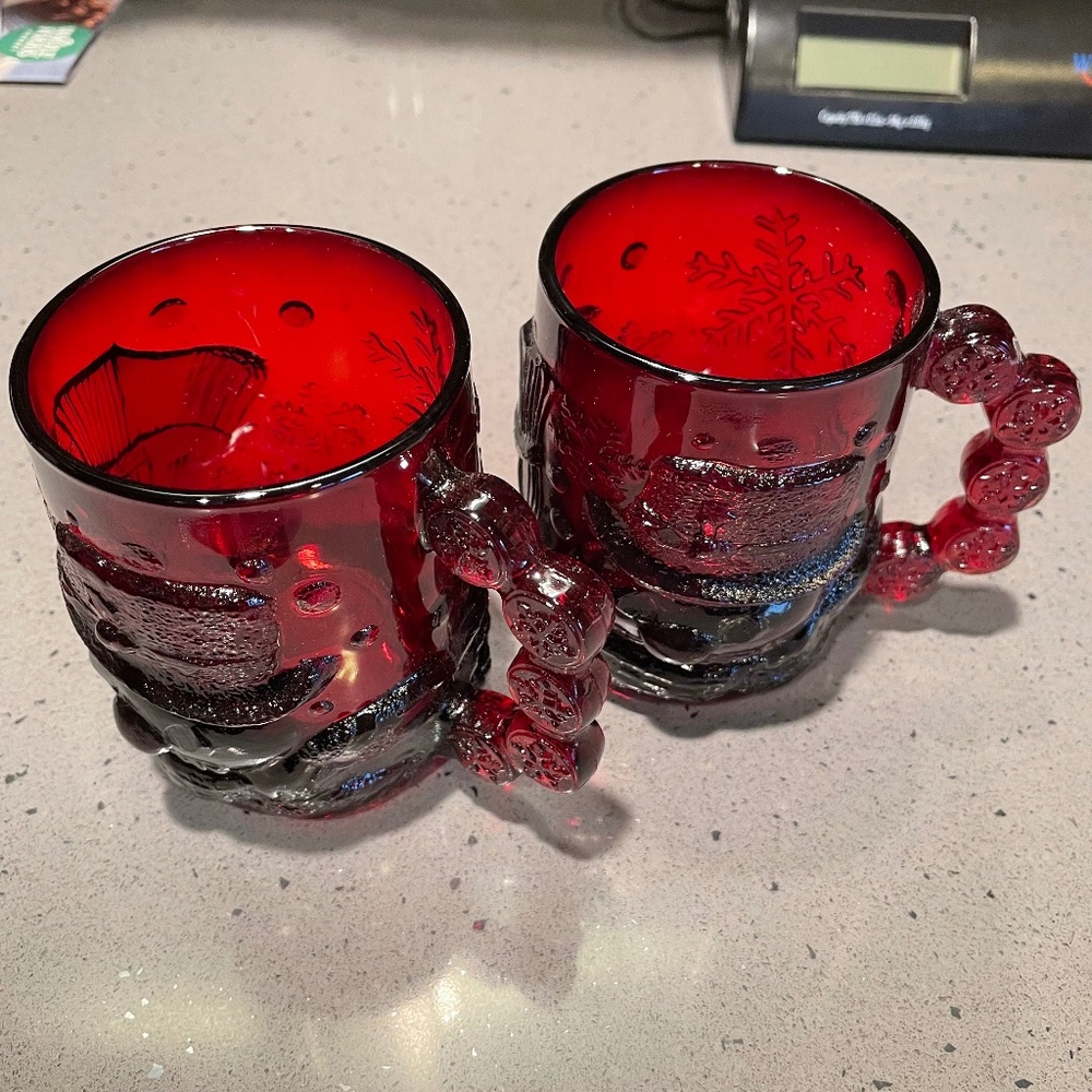 2 vintage Arcoroc Red Ruby Snowman glass mugs
